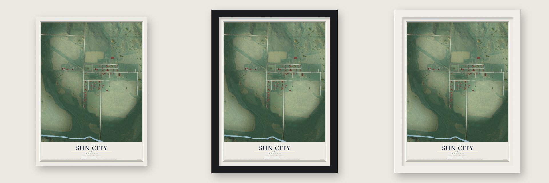 Sun City, Kansas map unframed, in a black wood frame and in a white wood frame