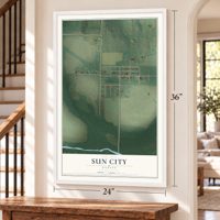 Sun City, Kansas map, 24 x 36 inch print in a white frame by a staircase