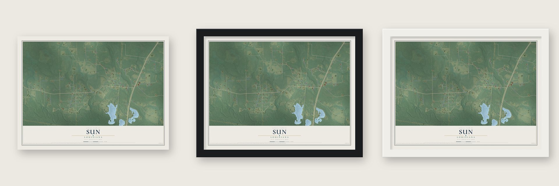 Sun, Louisiana map unframed, in a black wood frame and in a white wood frame
