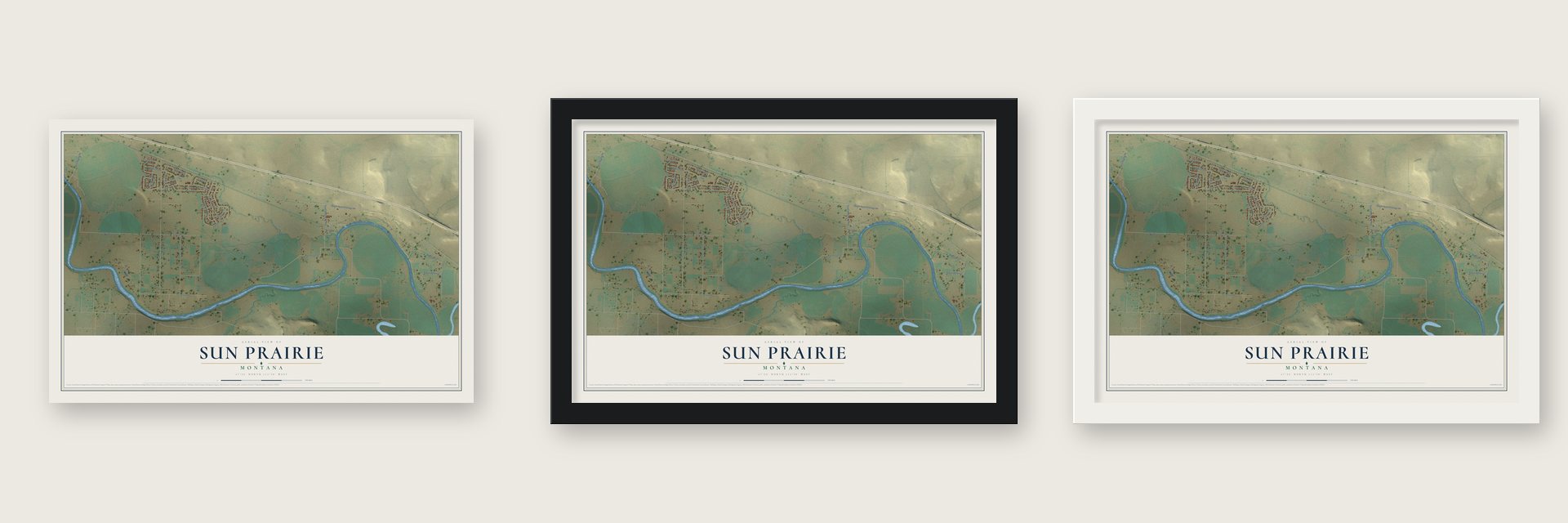 Sun Prairie, Montana map unframed, in a black wood frame and in a white wood frame