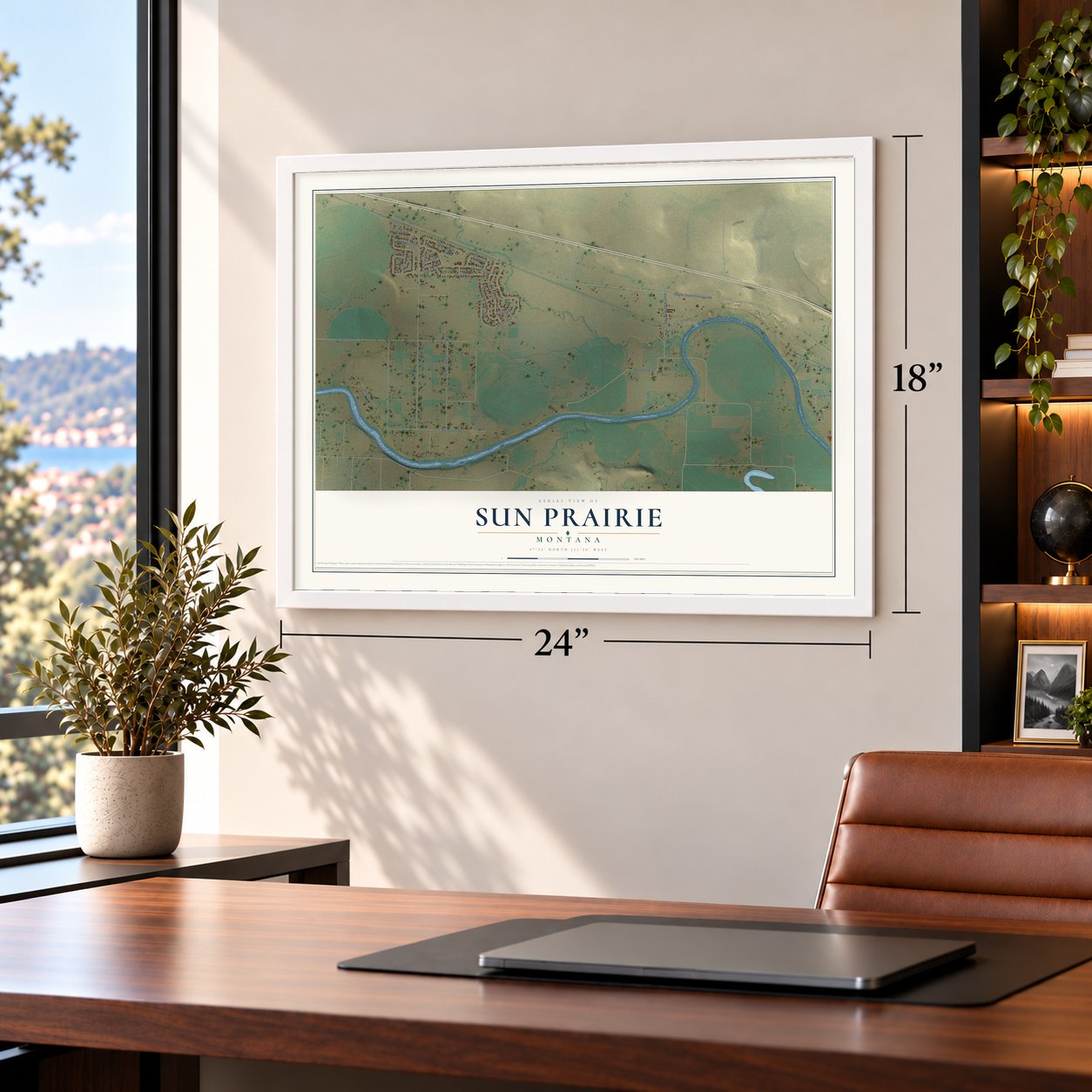 Sun Prairie, Montana map, 18 x 24 inch print in a white frame in a home office