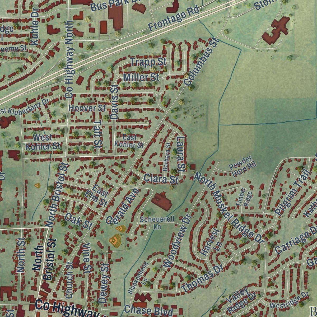 Second close-up of the map of Sun Prairie, Wisconsin print showing more streets and buildings