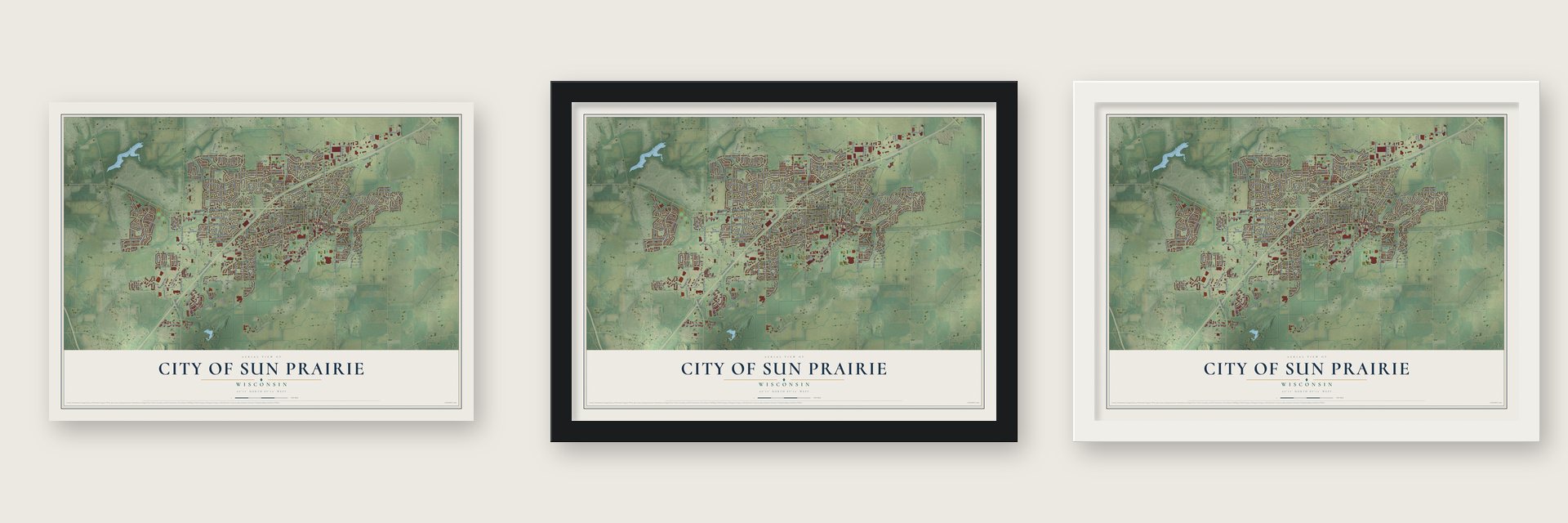 Sun Prairie, Wisconsin map unframed, in a black wood frame and in a white wood frame