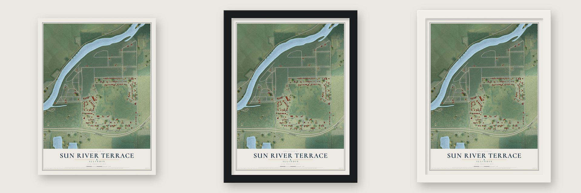 Sun River Terrace, Illinois map unframed, in a black wood frame and in a white wood frame