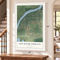 Sun River Terrace, Illinois map, 24 x 36 inch print in a white frame by a staircase