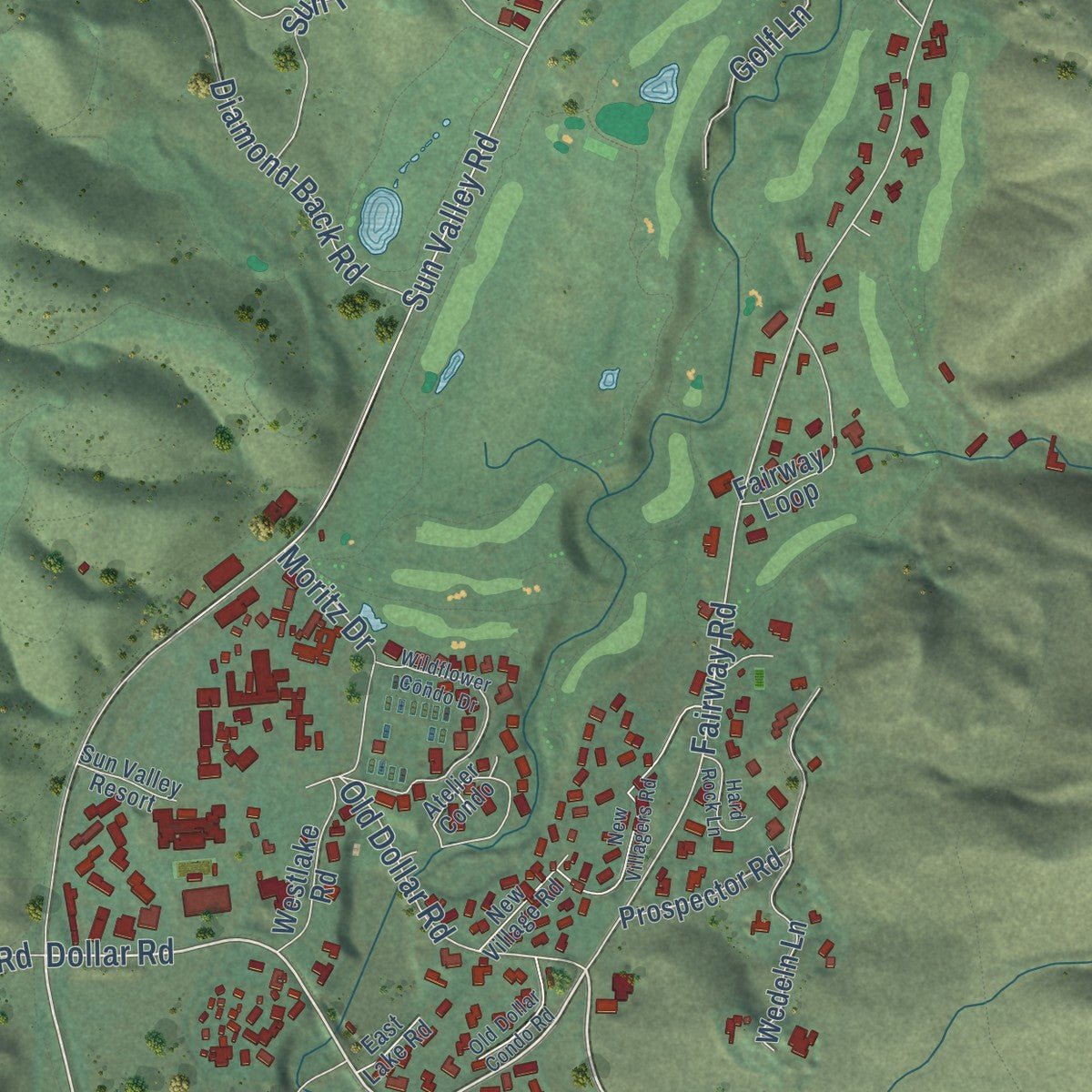 Second close-up of the map of Sun Valley, Idaho print showing more streets and buildings