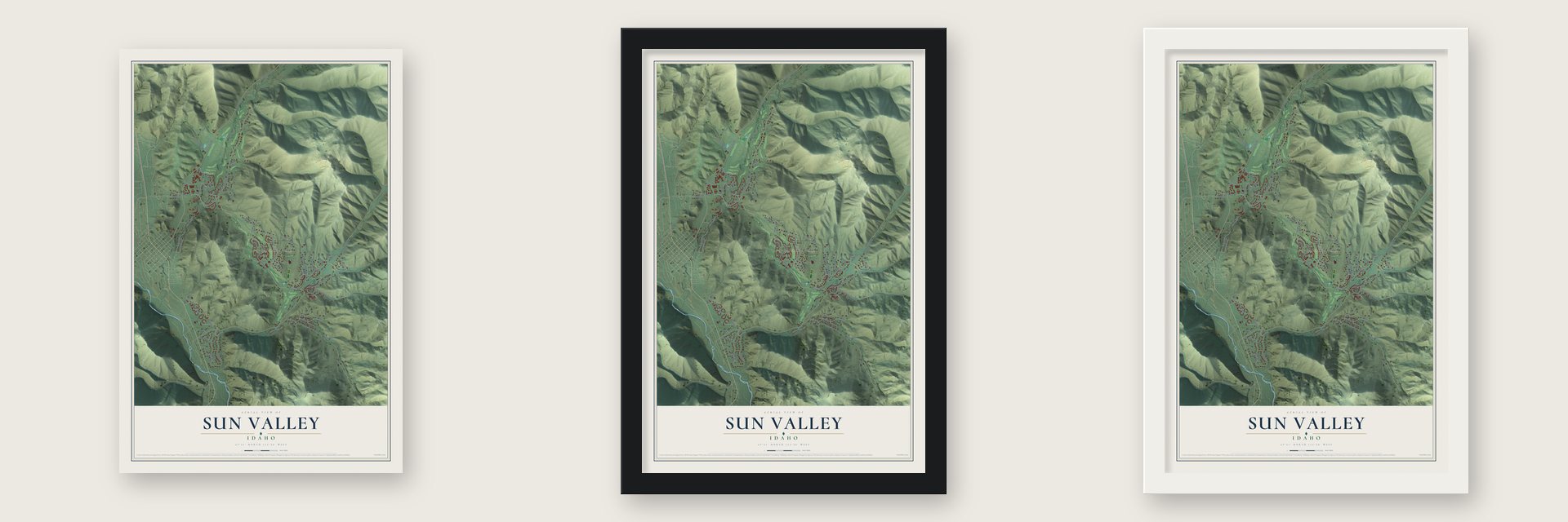 Sun Valley, Idaho map unframed, in a black wood frame and in a white wood frame
