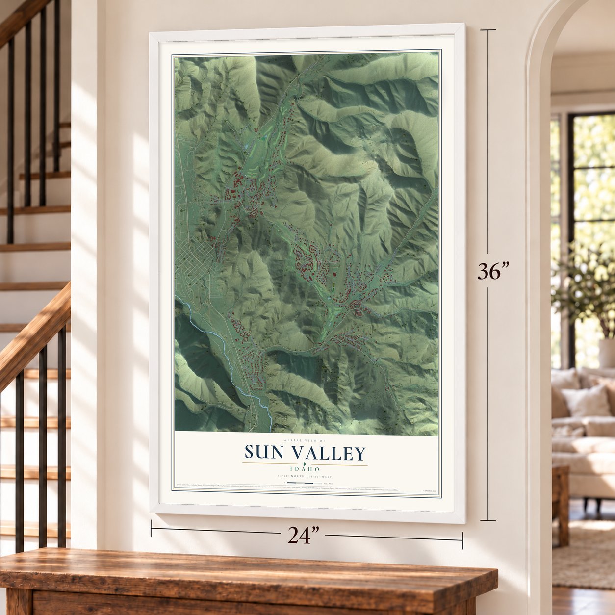 Sun Valley, Idaho map, 24 x 36 inch print in a white frame by a staircase