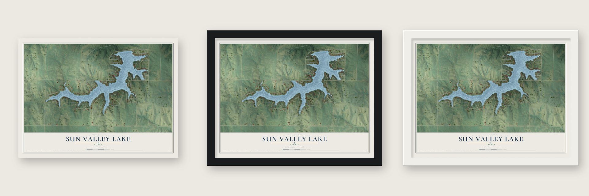 Sun Valley Lake, Iowa map unframed, in a black wood frame and in a white wood frame