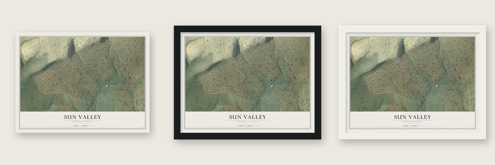 Sun Valley, Pennsylvania map unframed, in a black wood frame and in a white wood frame