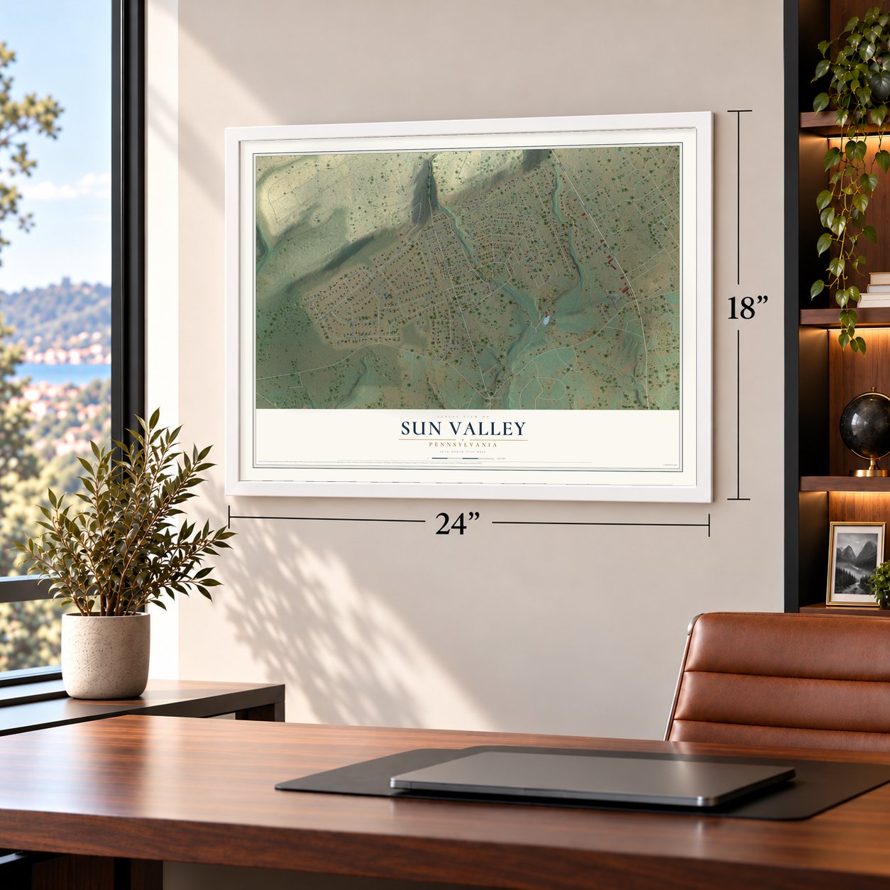 Sun Valley, Pennsylvania map, 18 x 24 inch print in a white frame in a home office