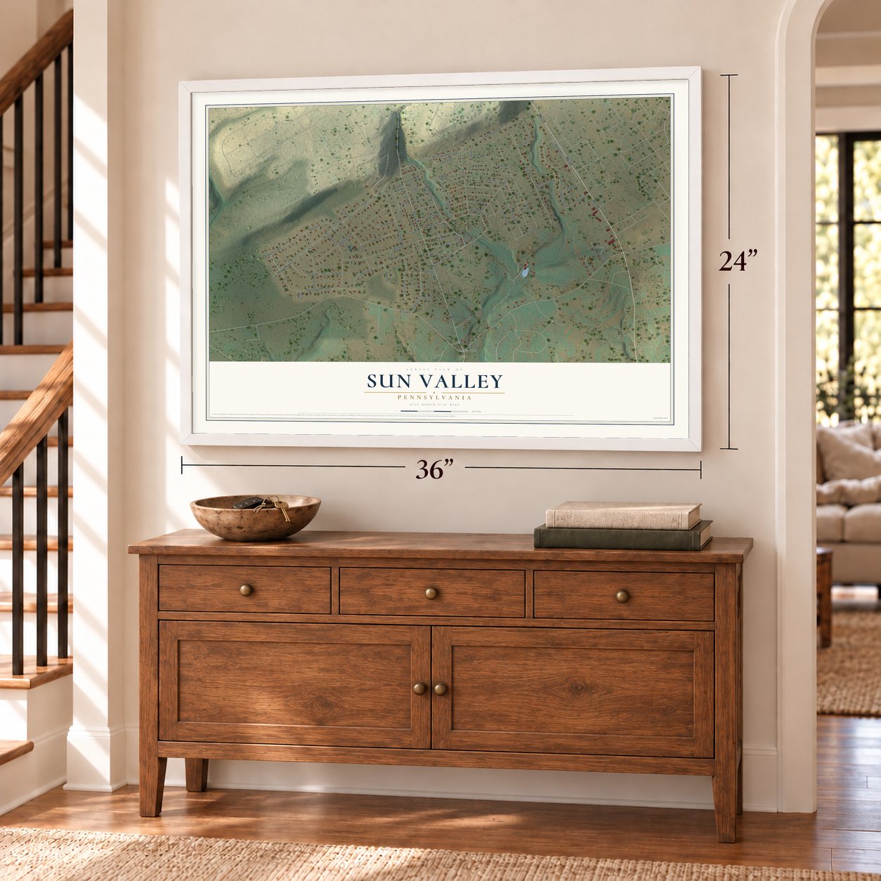 Sun Valley, Pennsylvania map, 24 x 36 inch print in a white frame above a dresser by a staircase