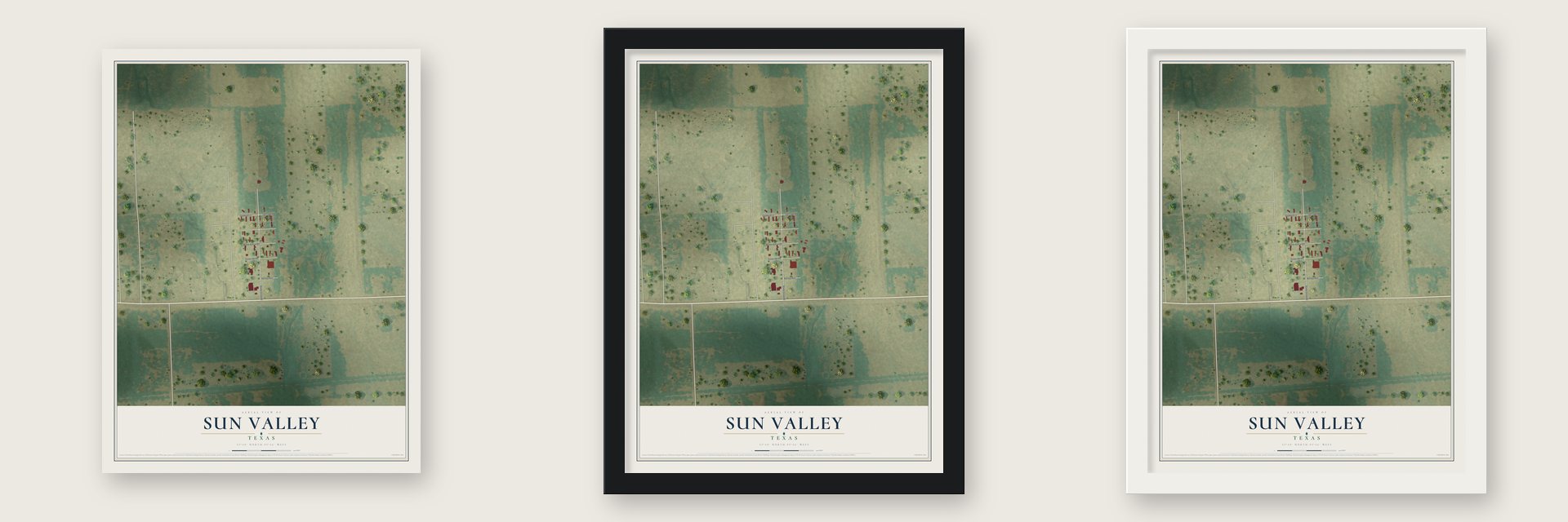 Sun Valley, Texas map unframed, in a black wood frame and in a white wood frame