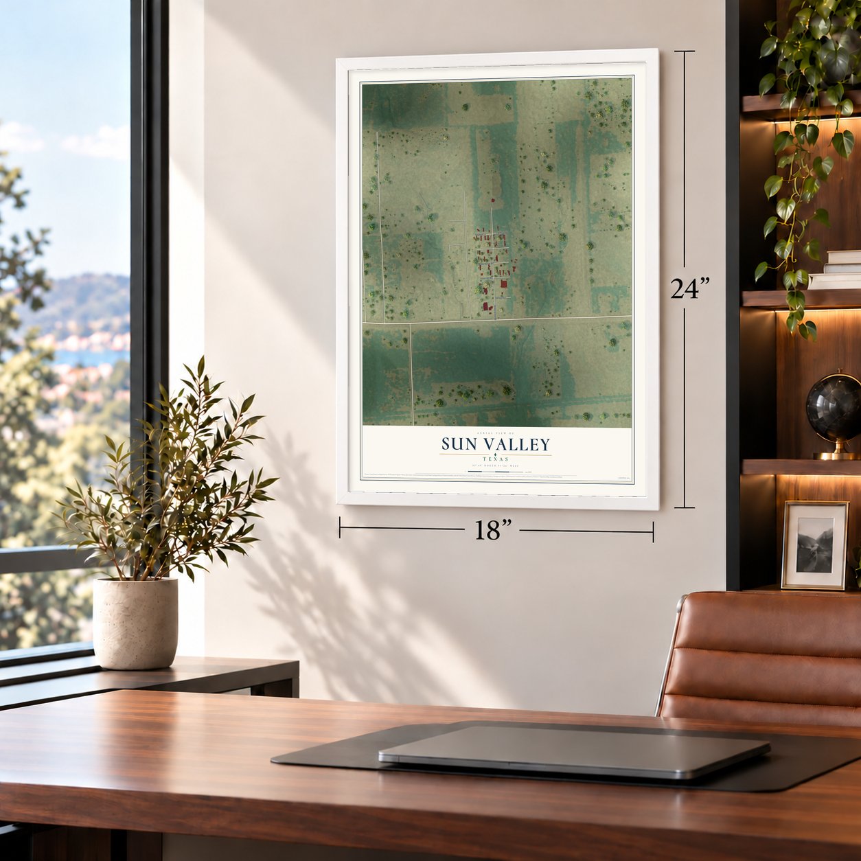 Sun Valley, Texas map, 18 x 24 inch print in a white frame in a home office