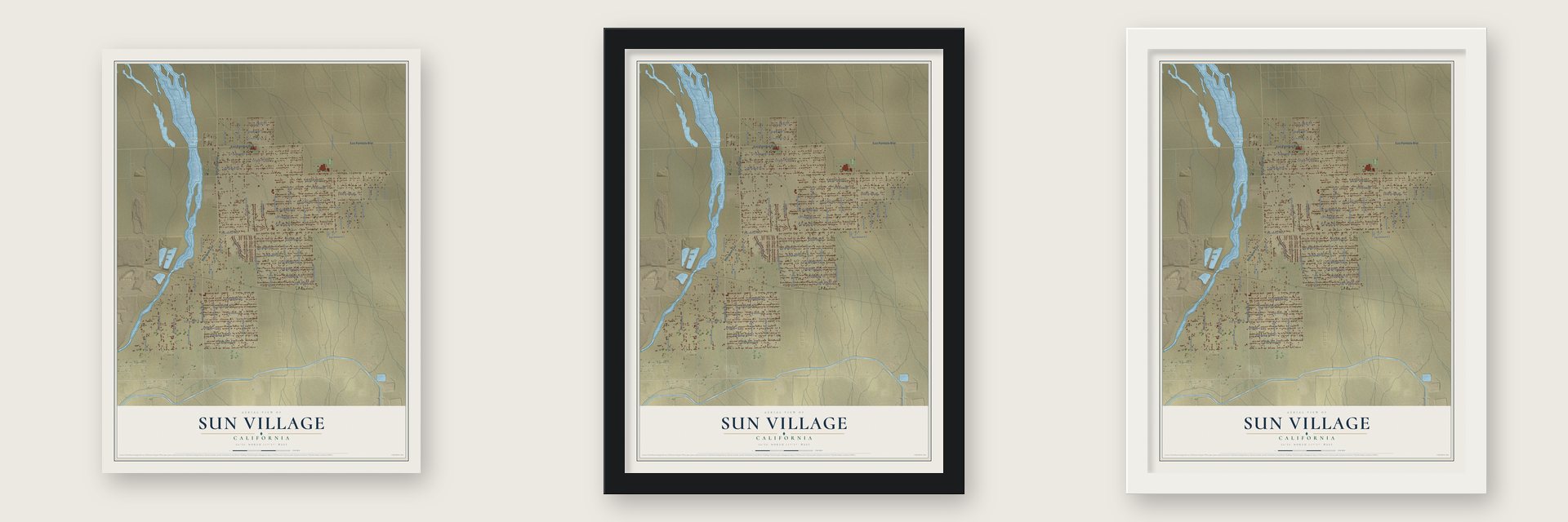 Sun Village, California map unframed, in a black wood frame and in a white wood frame