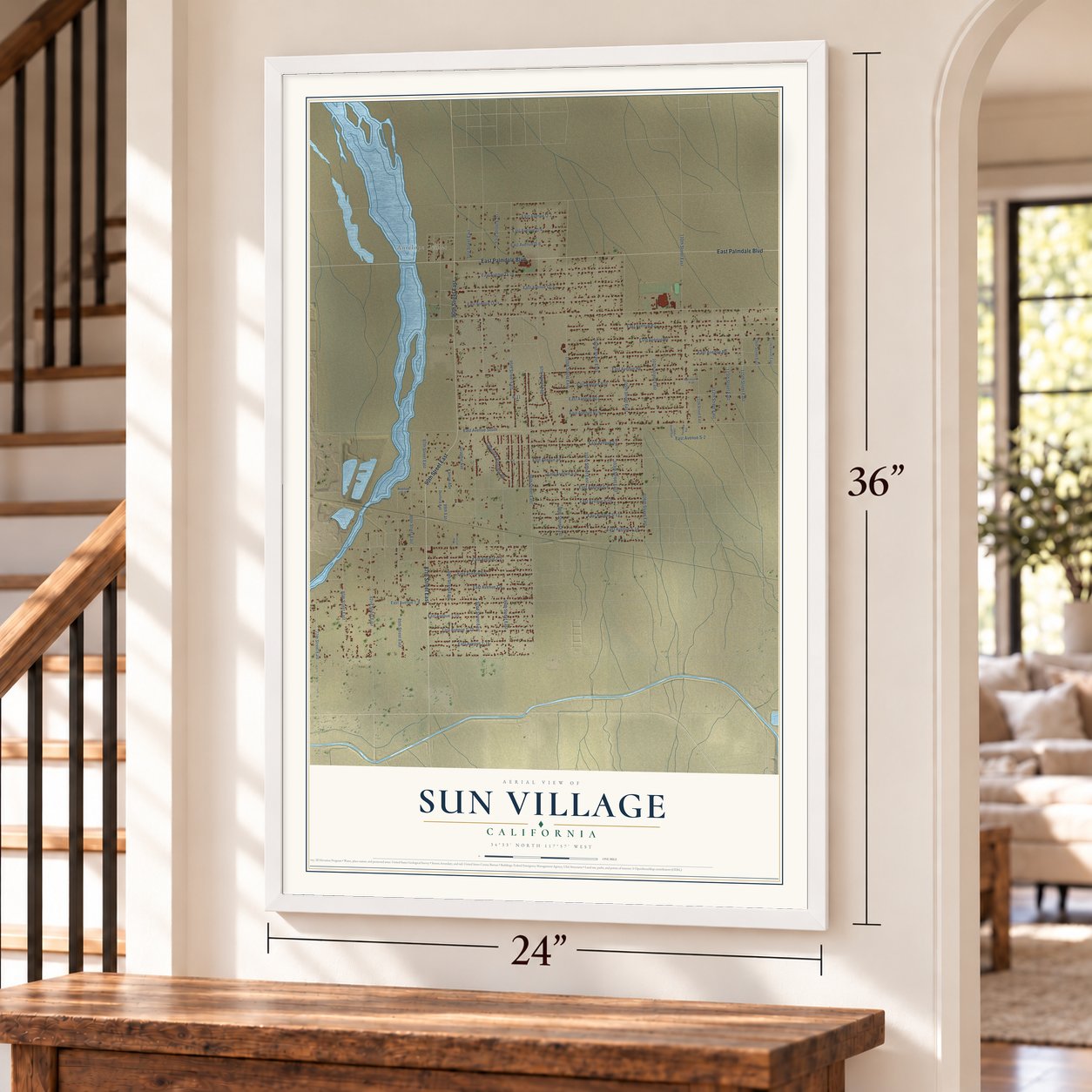 Sun Village, California map, 24 x 36 inch print in a white frame by a staircase