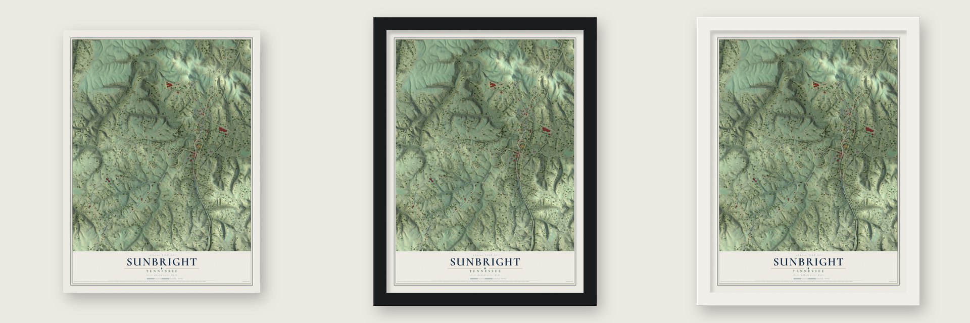 Sunbright, Tennessee map unframed, in a black wood frame and in a white wood frame