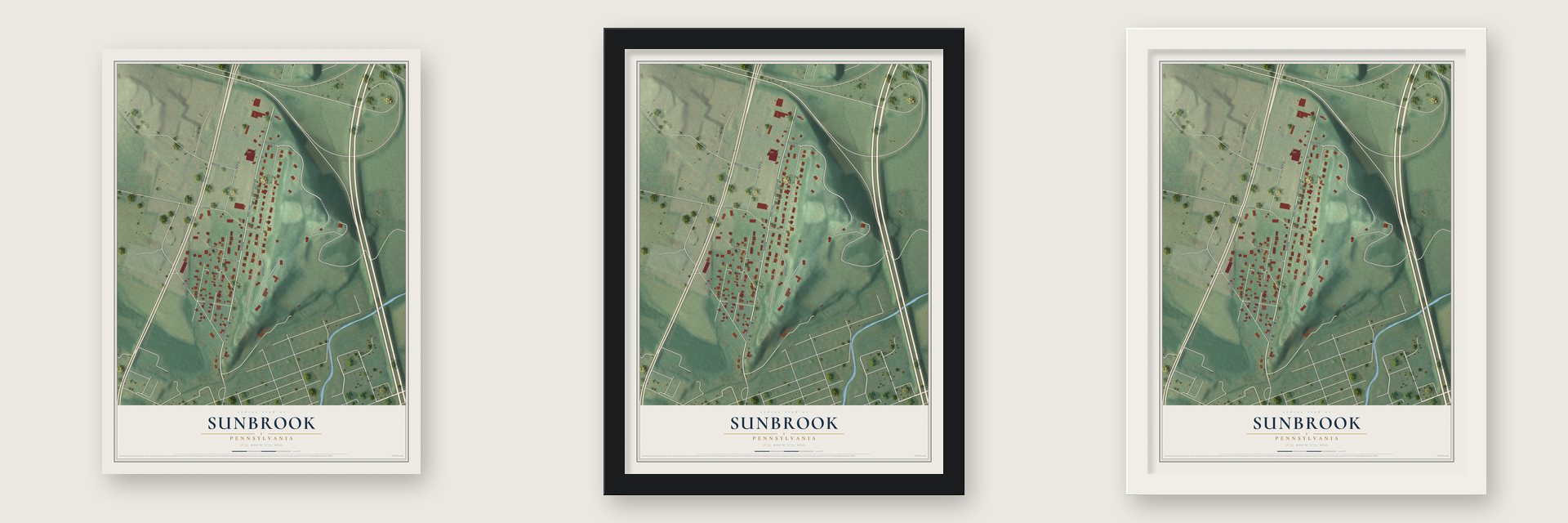 Sunbrook, Pennsylvania map unframed, in a black wood frame and in a white wood frame