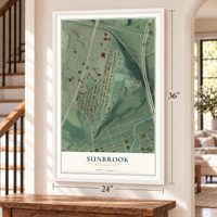 Sunbrook, Pennsylvania map, 24 x 36 inch print in a white frame by a staircase
