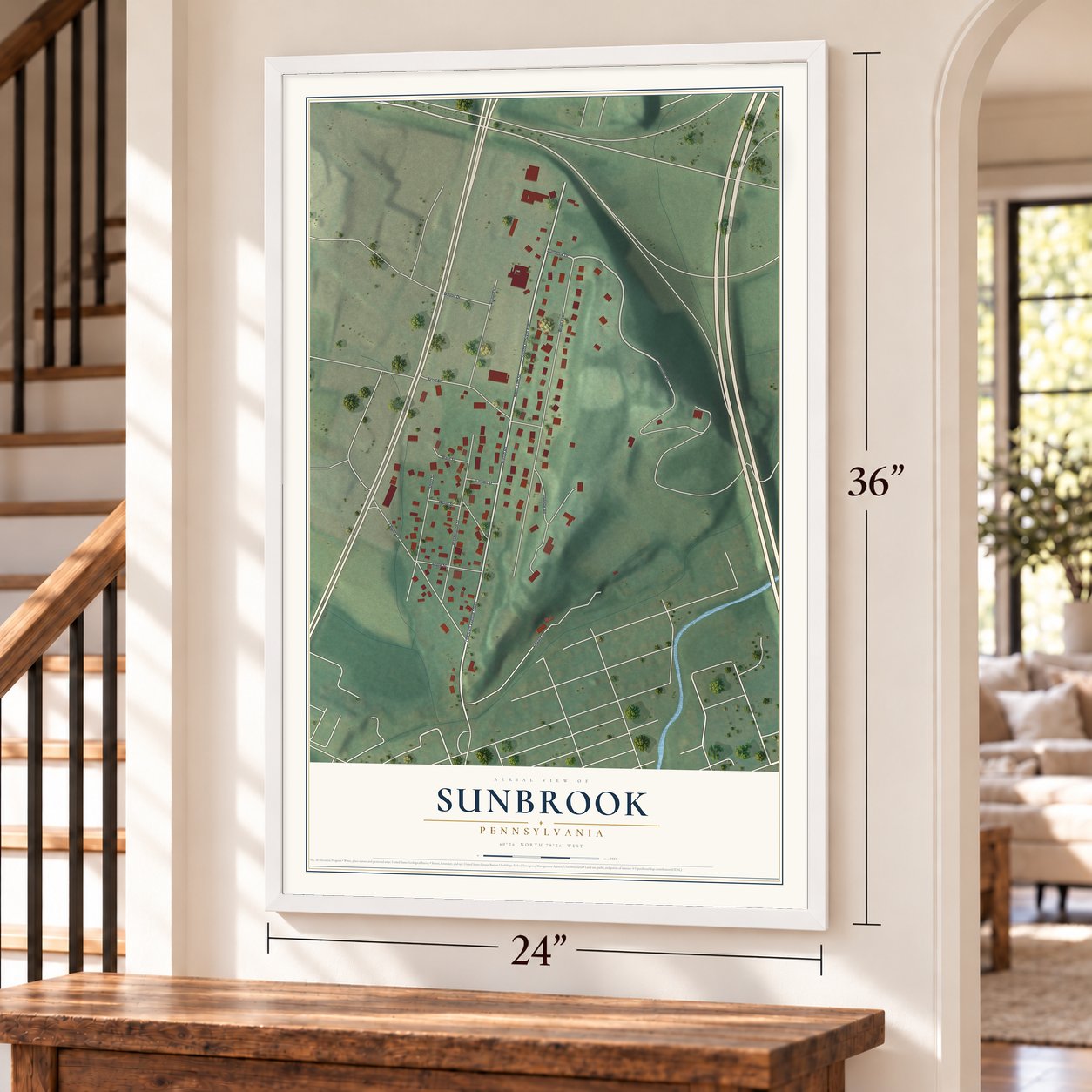 Sunbrook, Pennsylvania map, 24 x 36 inch print in a white frame by a staircase