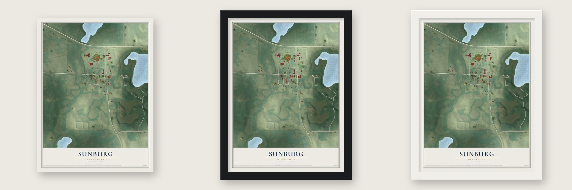 Sunburg, Minnesota map unframed, in a black wood frame and in a white wood frame