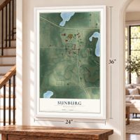 Sunburg, Minnesota map, 24 x 36 inch print in a white frame by a staircase