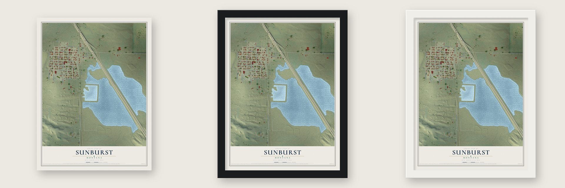 Sunburst, Montana map unframed, in a black wood frame and in a white wood frame