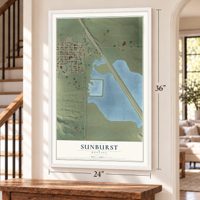 Sunburst, Montana map, 24 x 36 inch print in a white frame by a staircase