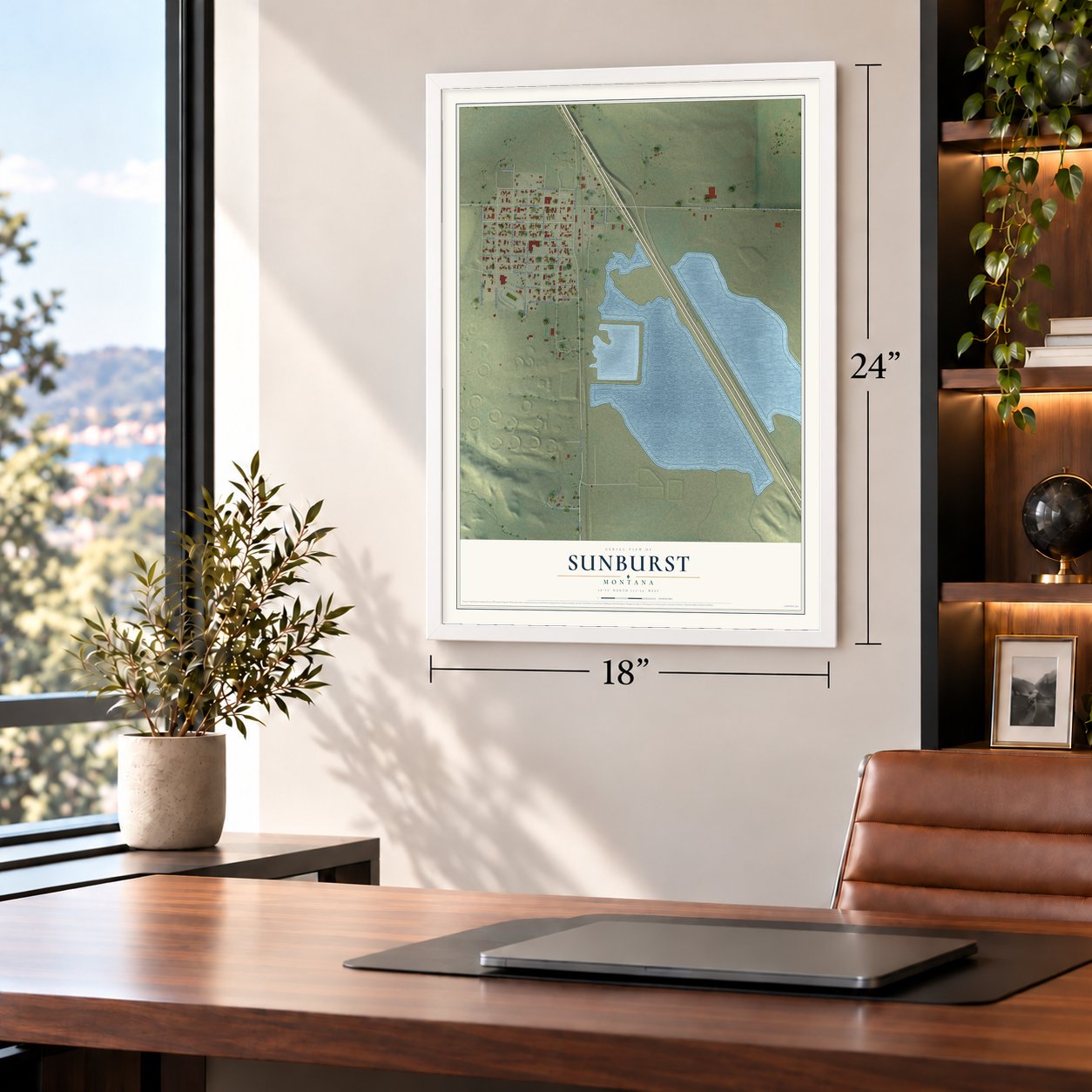 Sunburst, Montana map, 18 x 24 inch print in a white frame in a home office