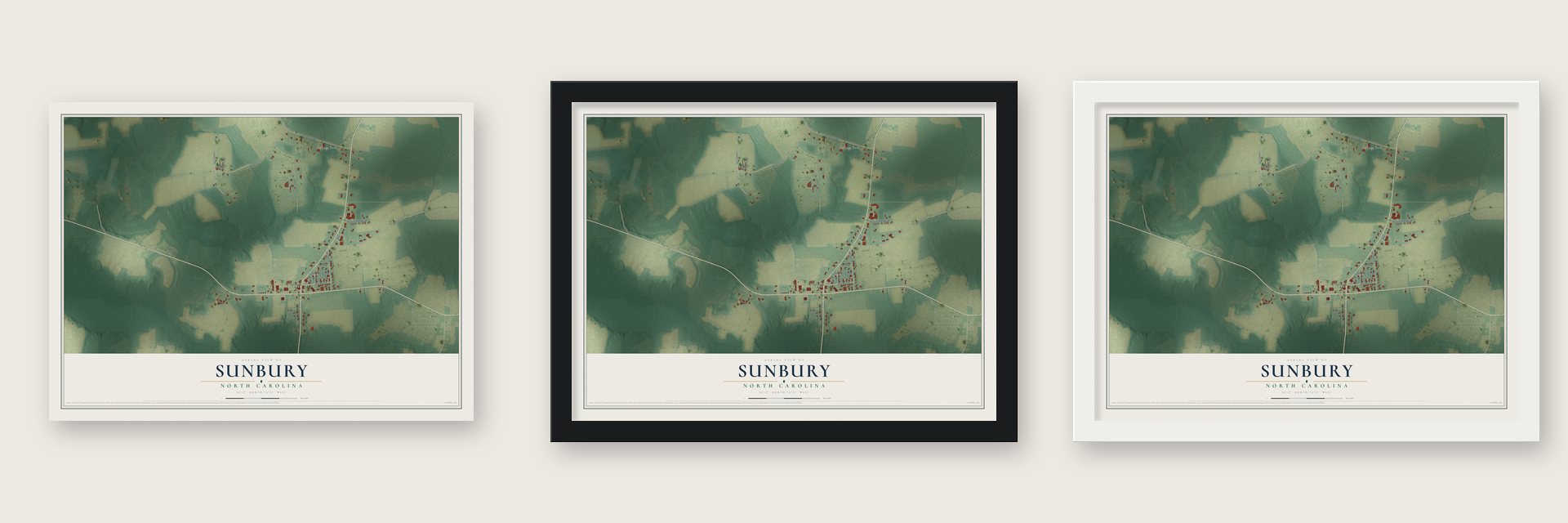Sunbury, North Carolina map unframed, in a black wood frame and in a white wood frame
