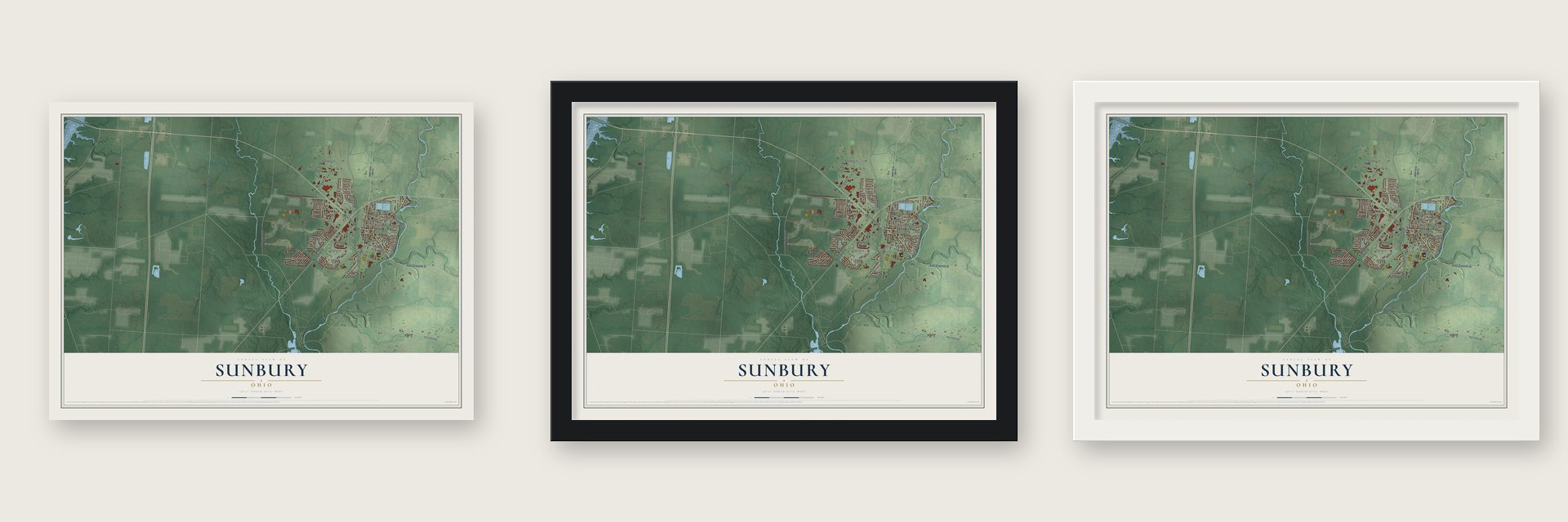 Sunbury, Ohio map unframed, in a black wood frame and in a white wood frame
