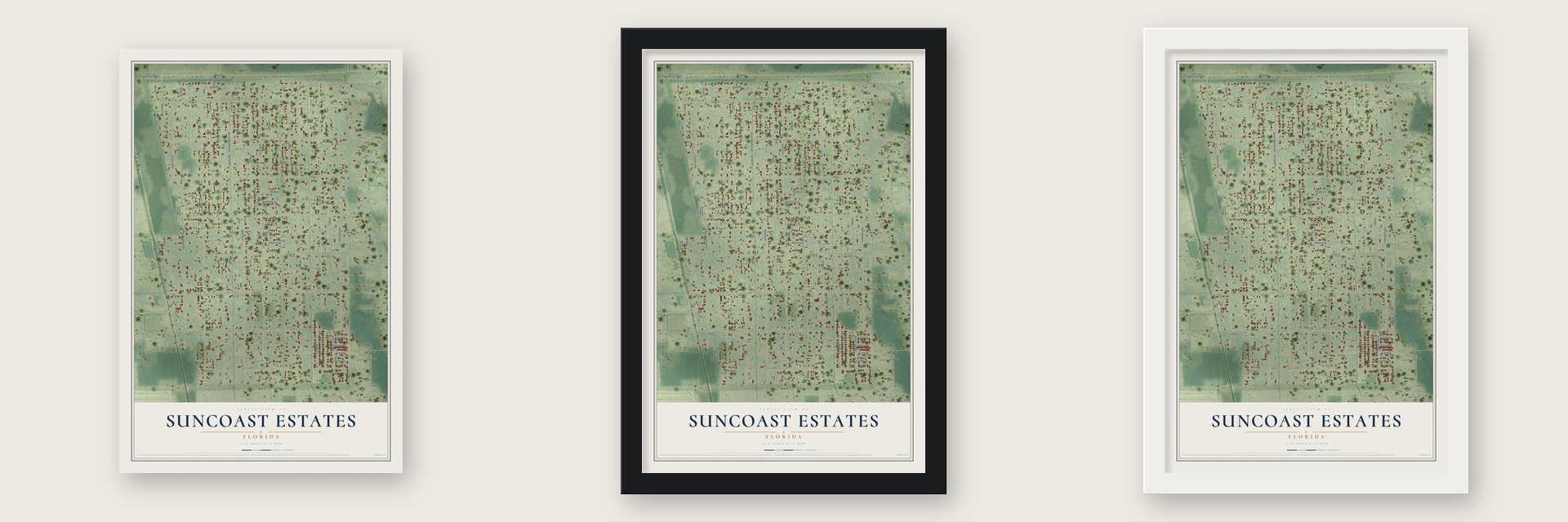 Suncoast Estates, Florida map unframed, in a black wood frame and in a white wood frame