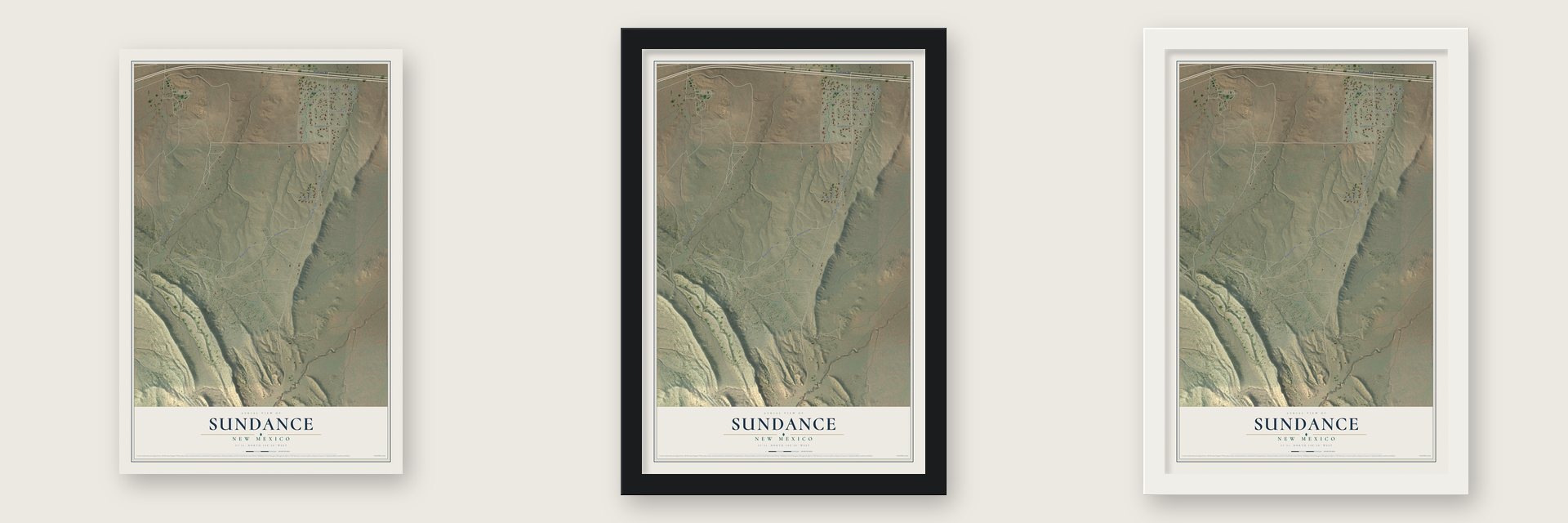 Sundance, New Mexico map unframed, in a black wood frame and in a white wood frame