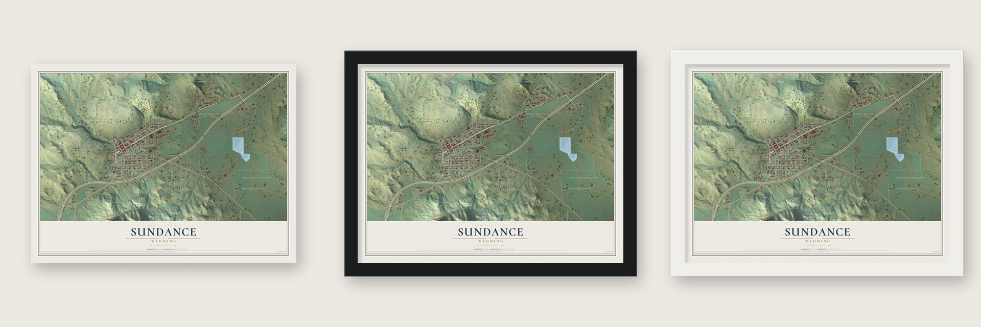 Sundance, Wyoming map unframed, in a black wood frame and in a white wood frame