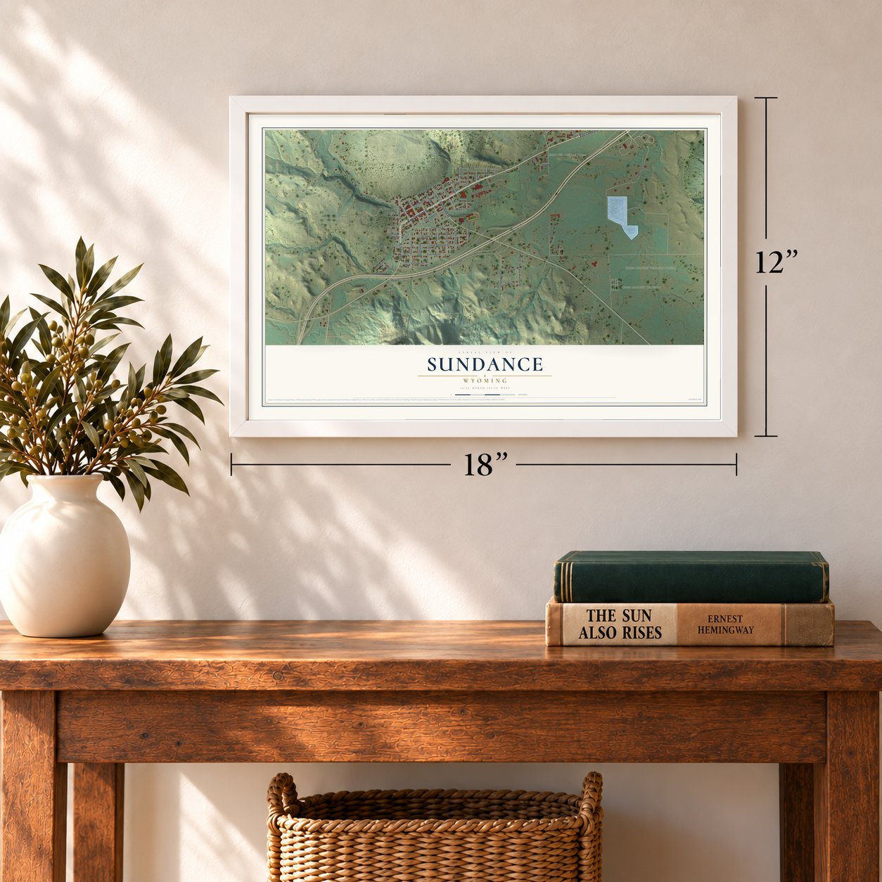 Sundance, Wyoming map, 12 x 18 inch print in a white frame in an entryway