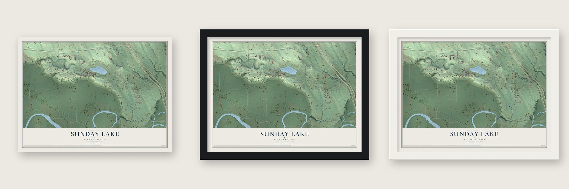 Sunday Lake, Washington map unframed, in a black wood frame and in a white wood frame