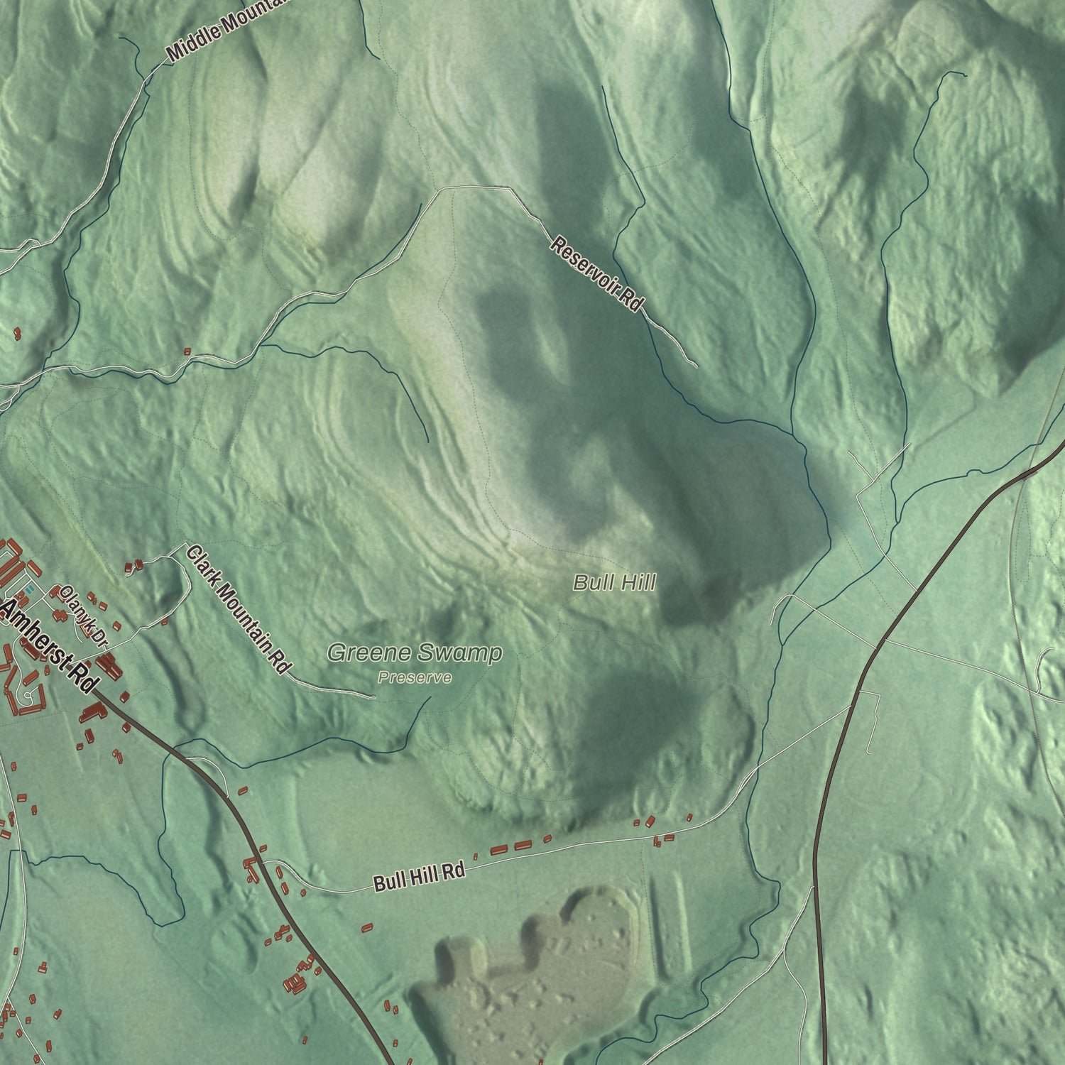Close-up of the map of Sunderland, Massachusetts print showing terrain and local geography