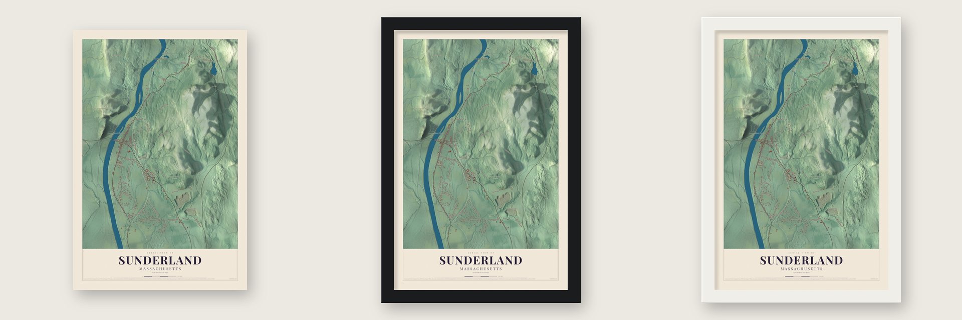 Sunderland, Massachusetts map unframed, in a black wood frame and in a white wood frame