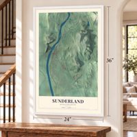 Sunderland, Massachusetts map, 24 x 36 inch print in a white frame by a staircase