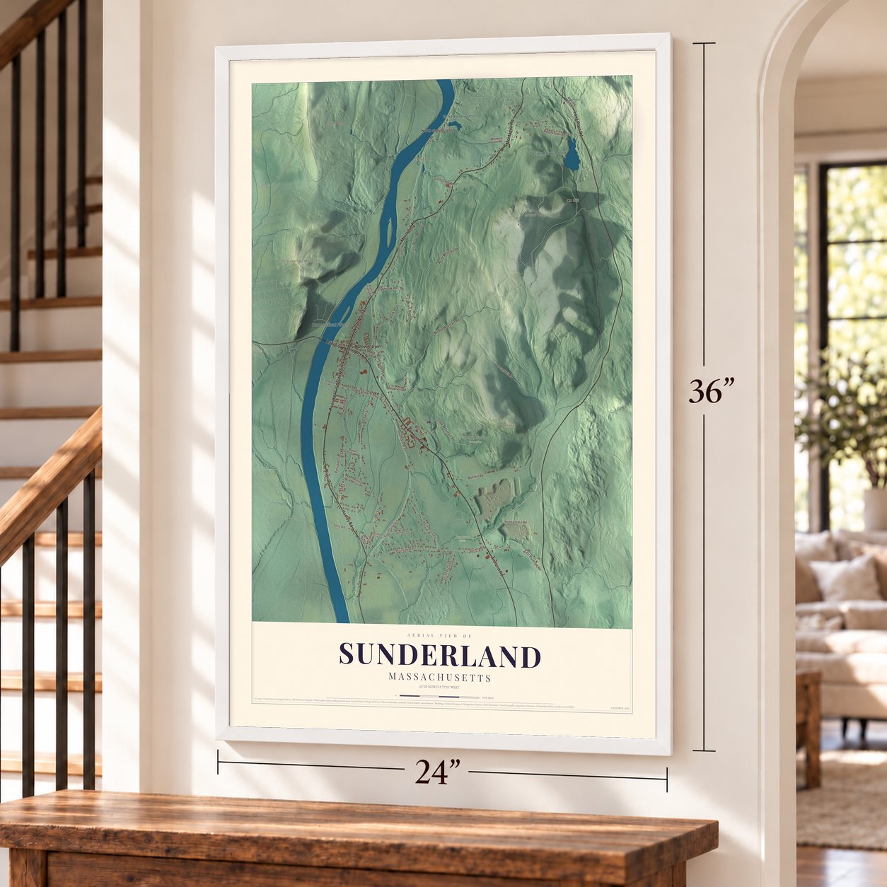 Sunderland, Massachusetts map, 24 x 36 inch print in a white frame by a staircase