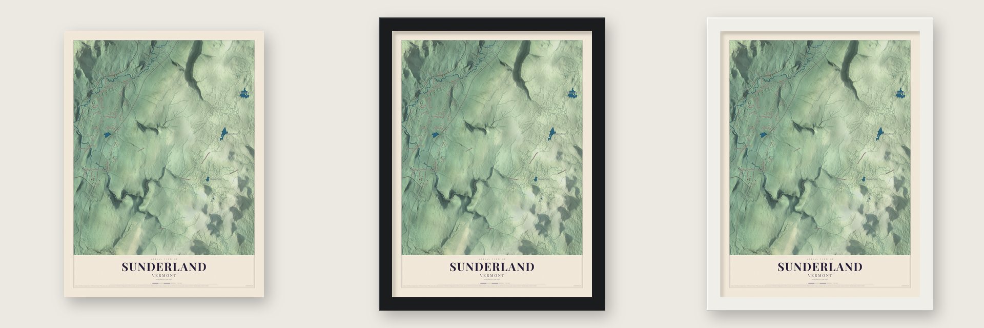 Sunderland, Vermont map unframed, in a black wood frame and in a white wood frame