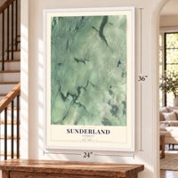 Sunderland, Vermont map, 24 x 36 inch print in a white frame by a staircase