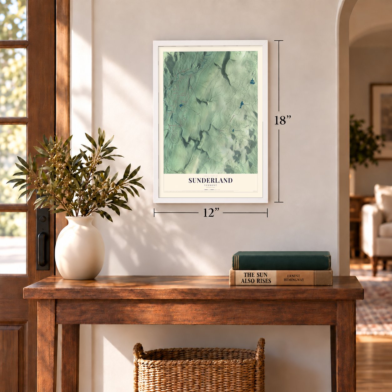 Sunderland, Vermont map, 12 x 18 inch print in a white frame in an entryway