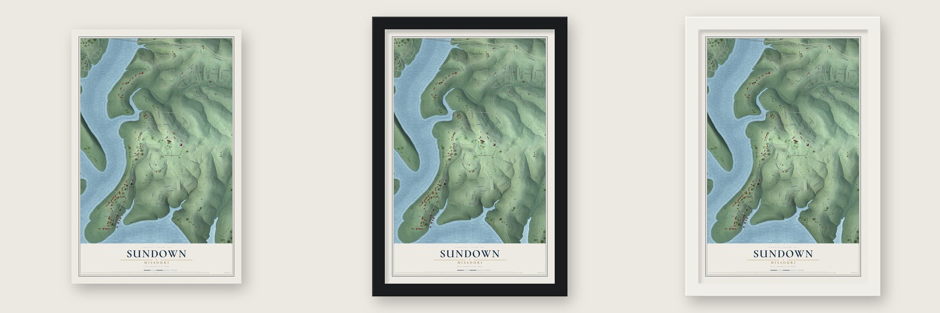 Sundown, Missouri map unframed, in a black wood frame and in a white wood frame
