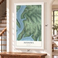 Sundown, Missouri map, 24 x 36 inch print in a white frame by a staircase