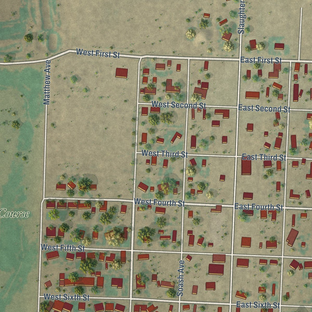 Second close-up of the map of Sundown, Texas print showing more streets and buildings