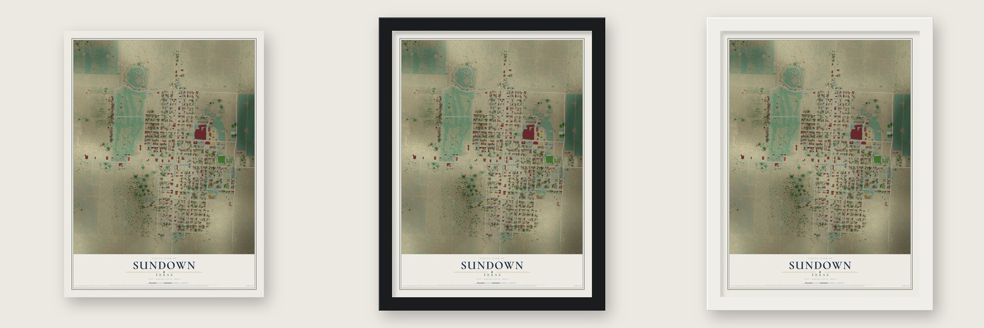 Sundown, Texas map unframed, in a black wood frame and in a white wood frame