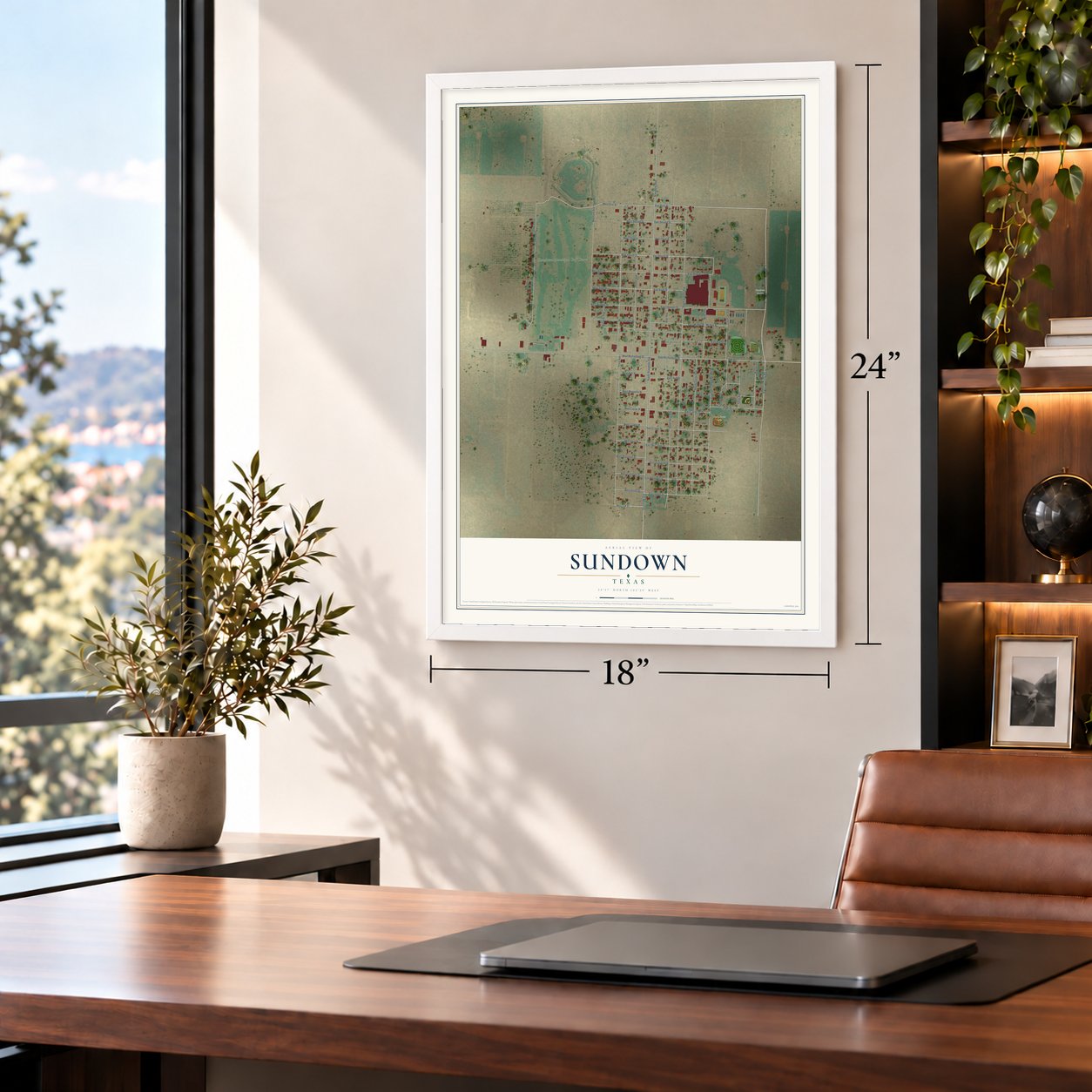 Sundown, Texas map, 18 x 24 inch print in a white frame in a home office