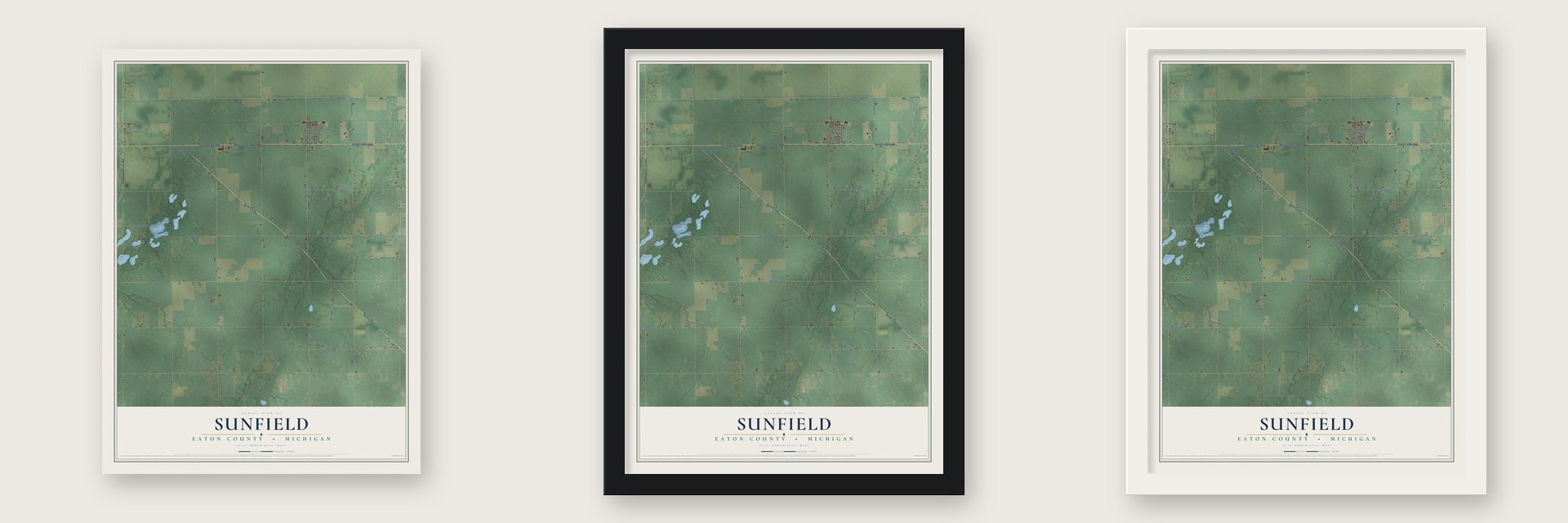Sunfield, Eaton County, Michigan map unframed, in a black wood frame and in a white wood frame