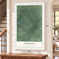Sunfield, Eaton County, Michigan map, 24 x 36 inch print in a white frame by a staircase